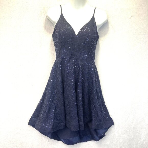 Vintage Y2K B. Smart Fit & Flare Lace Sequin Dress Womens 7 Navy Blue Cocktail - Picture 1 of 16